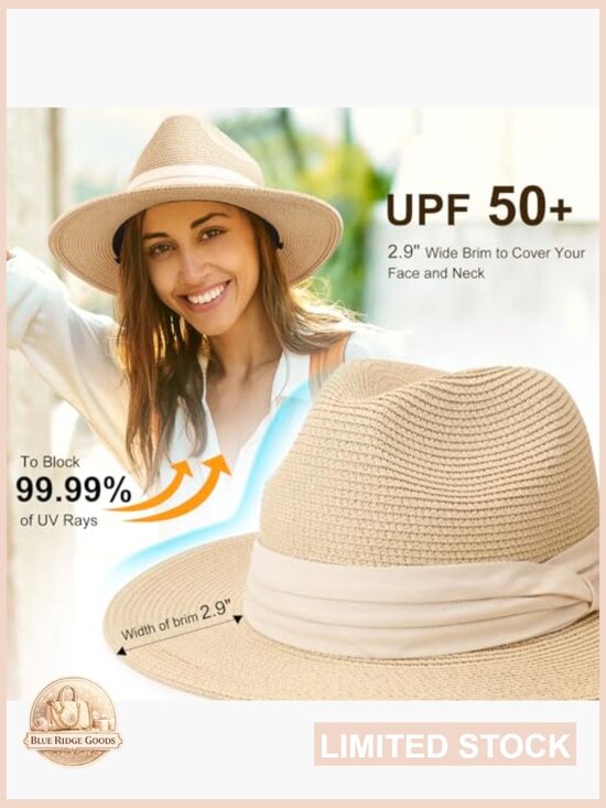 Women Wide Brim Straw Sun Hat Travel Beach Fedora Roll up Hats UPF 50+ main image 4